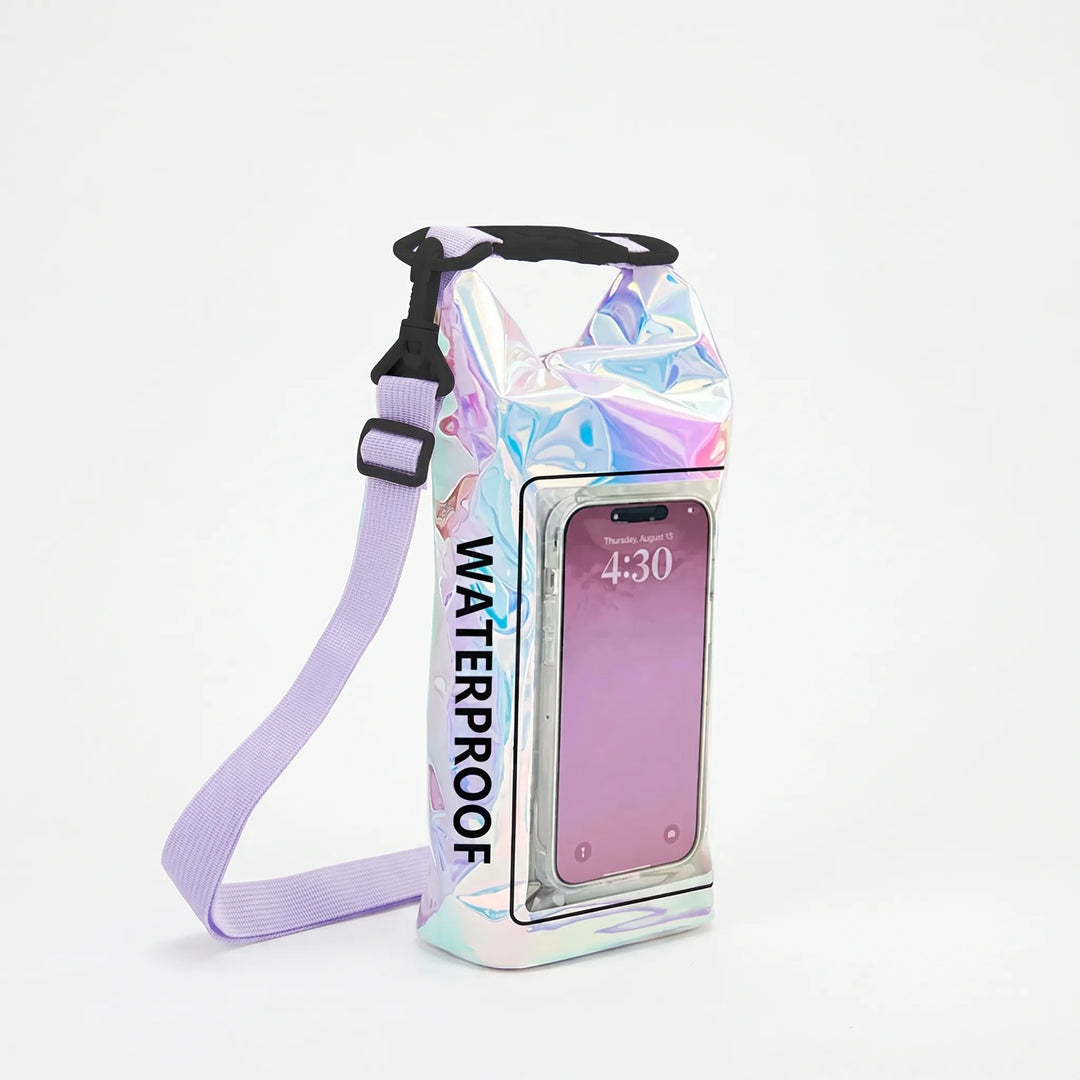 Smart design: waterproof dry bag for outdoor recreation, featuring a responsive touchscreen phone window.