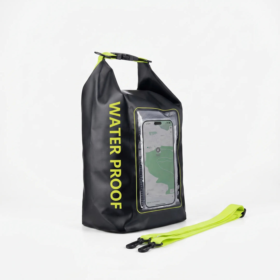 Secure roll-top waterproof dry bag, ideal for electronics. Touchscreen window allows phone use on the go.
