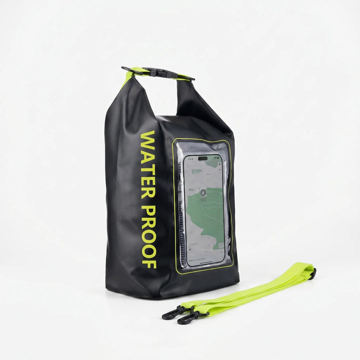 Secure roll-top waterproof dry bag, ideal for electronics. Touchscreen window allows phone use on the go.