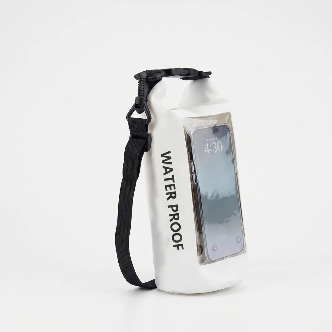 Unisex dry bag with clear phone pouch, perfect for wet storage during boating, rafting, and beach activities.