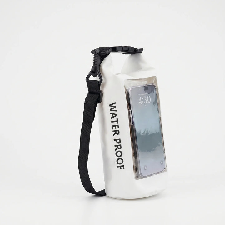 Unisex dry bag with clear phone pouch, perfect for wet storage during boating, rafting, and beach activities.