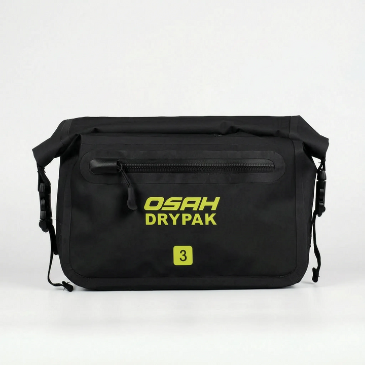 Close-up of waterproof roll-top waist bag, showing durable material and secure closure for outdoor use.