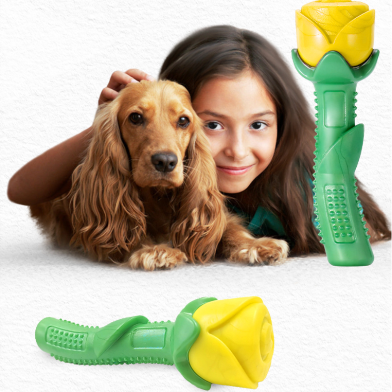 Unisex rose-shaped yellow rubber dog chew toy for dental health and oral hygiene