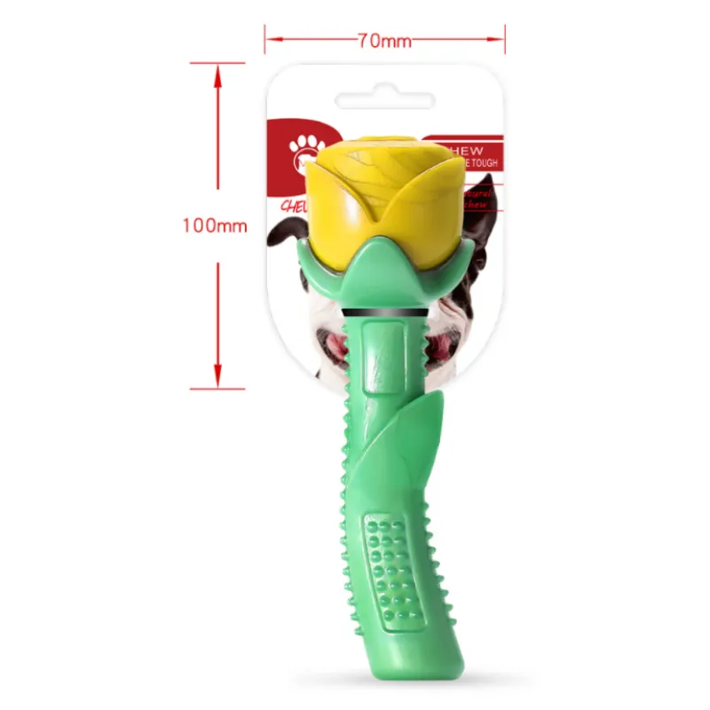 Yellow rose-shaped dog chew stick for dental health, a durable pet supply toy