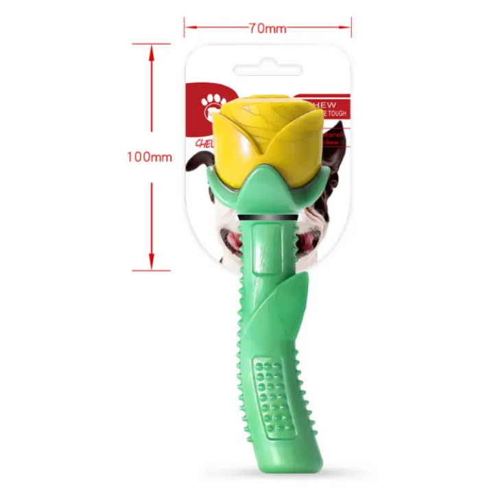 Yellow rose-shaped dog chew stick for dental health, a durable pet supply toy