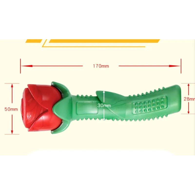 Close-up of a yellow rose-shaped rubber dog toy, ideal for dental cleaning and chewing