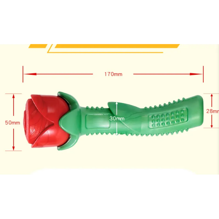 Close-up of a yellow rose-shaped rubber dog toy, ideal for dental cleaning and chewing