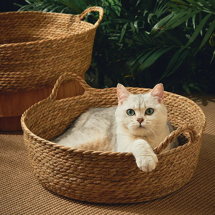 Eco-friendly bamboo rattan pet nest, circular design, perfect for dogs to relax