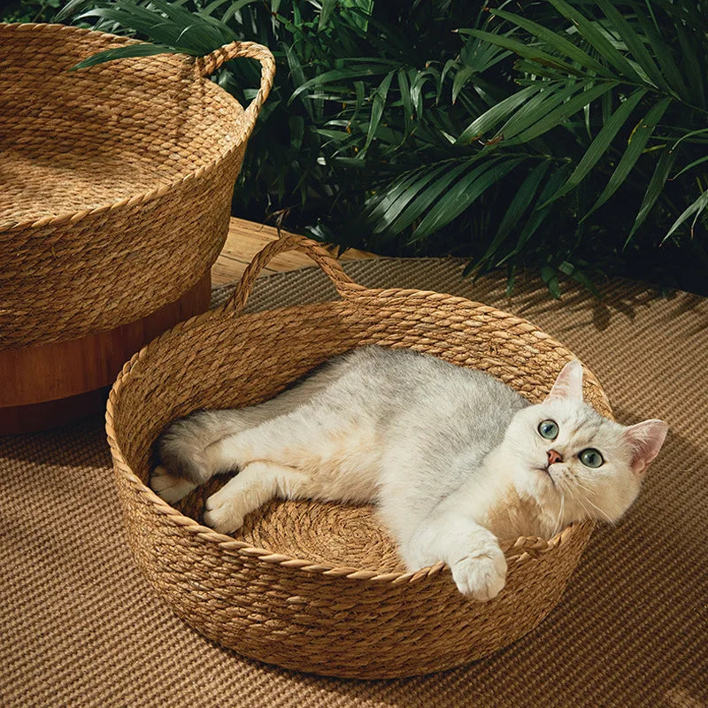 Stylish round rattan pet bed, handmade for cats, breathable and comfy pet furniture