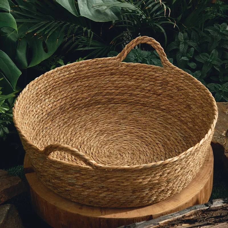 Handwoven round rattan pet bed, a cozy and eco-friendly nest for your cat or dog