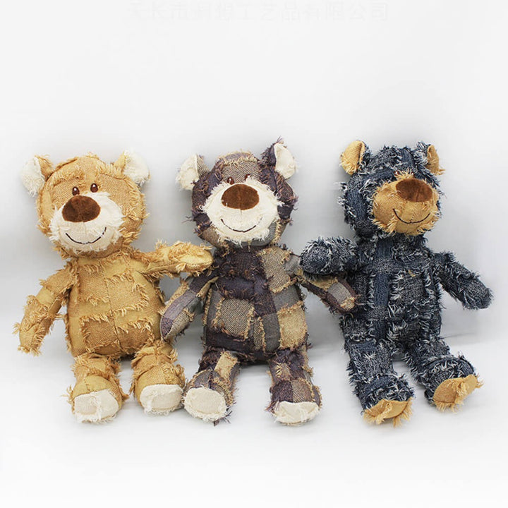 Unisex rustic denim plush bear dog chew toy with squeaker, durable for dental health & playtime.