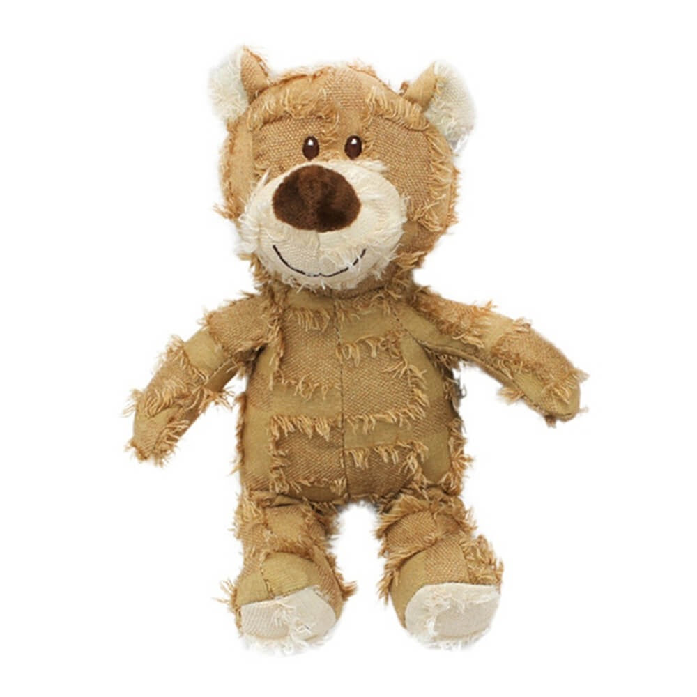 Denim plush bear dog toy with squeaker, designed for durable playtime and canine dental health.