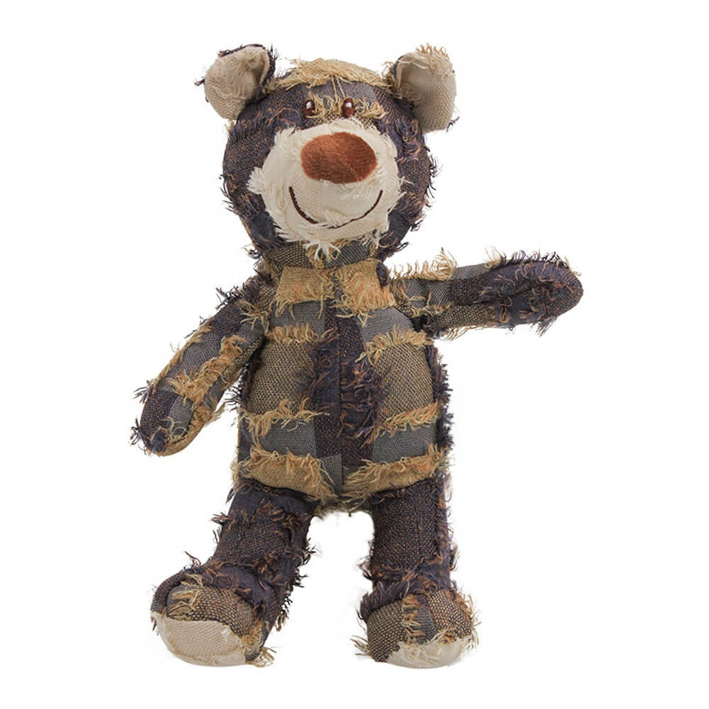 New4 unisex dog toy: rustic denim plush bear, a durable and squeaky pet accessory for dogs.