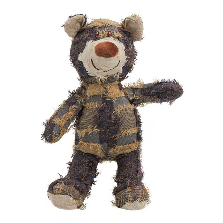 New4 unisex dog toy: rustic denim plush bear, a durable and squeaky pet accessory for dogs.