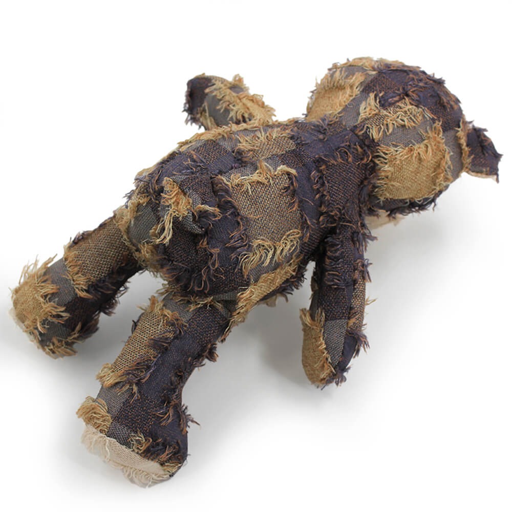 Plush bear dog toy in rustic denim, an engaging chew toy promoting pet dental health during playtime.