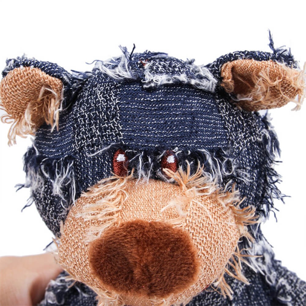 Squeaky rustic denim plush bear dog toy, an ideal, durable pet accessory for hours of canine fun.
