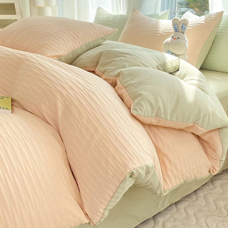 Comfortable all-season seersucker bedding set in a neutral beige solid color, easy care bedroom decor.