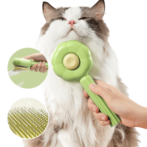 Ergonomic pet grooming brush with self-cleaning button, ideal for dog & cat shedding