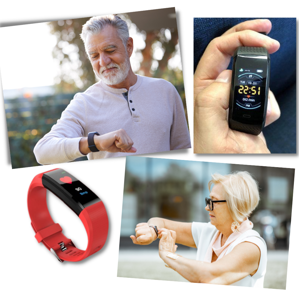 Black senior smartwatch, stylish digital watch for health tracking, heart rate, & blood pressure monitoring.