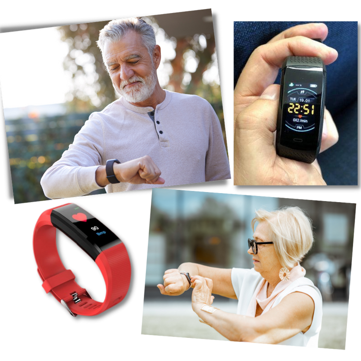 Black senior smartwatch, stylish digital watch for health tracking, heart rate, & blood pressure monitoring.