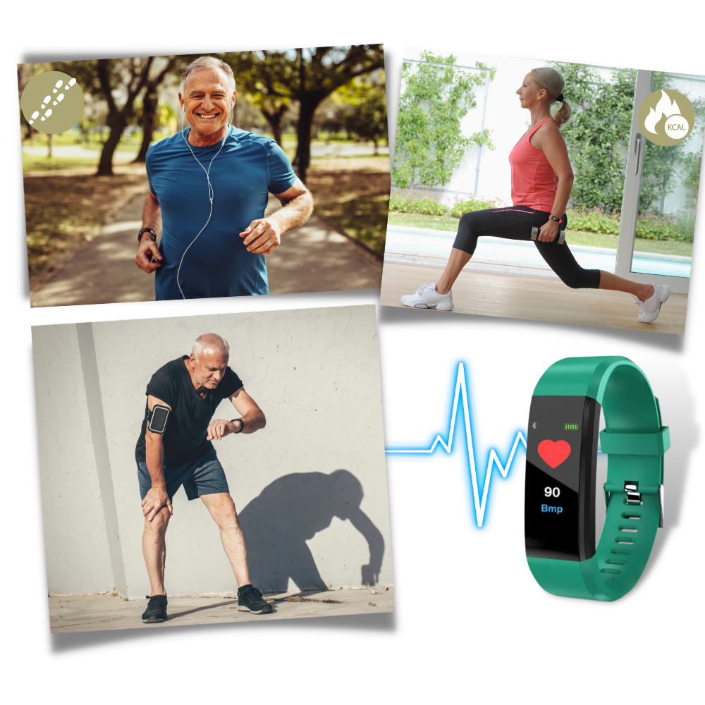 Red senior smartwatch, a wearable tech fitness band for elderly. Monitors activity, sleep, & key health metrics.