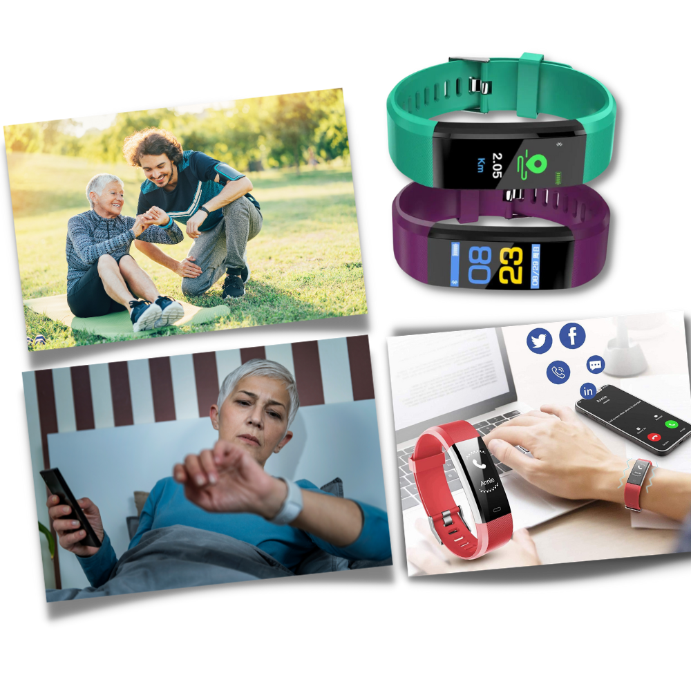 Green senior health tracker smartwatch, featuring an easy-to-read display for all-day vital sign monitoring.