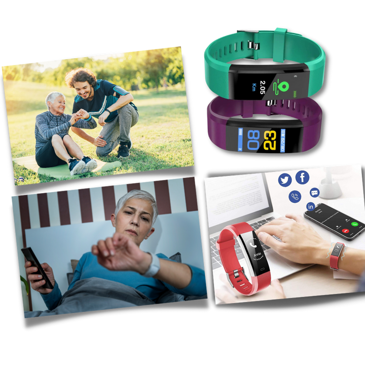 Green senior health tracker smartwatch, featuring an easy-to-read display for all-day vital sign monitoring.