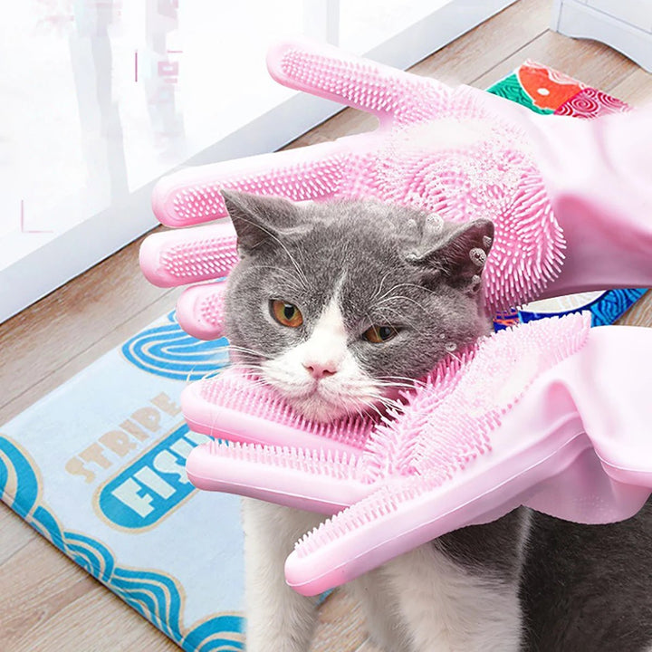 Pair of blue silicone pet grooming gloves, ideal for deshedding and bathing dogs/cats.