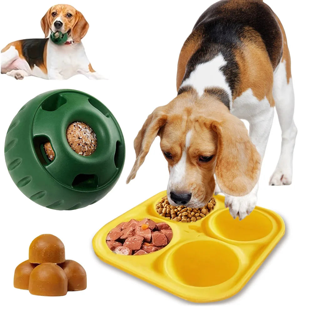 Interactive silicone pet slow feeder bowl for dogs, green, durable, reducing bloating in pets.