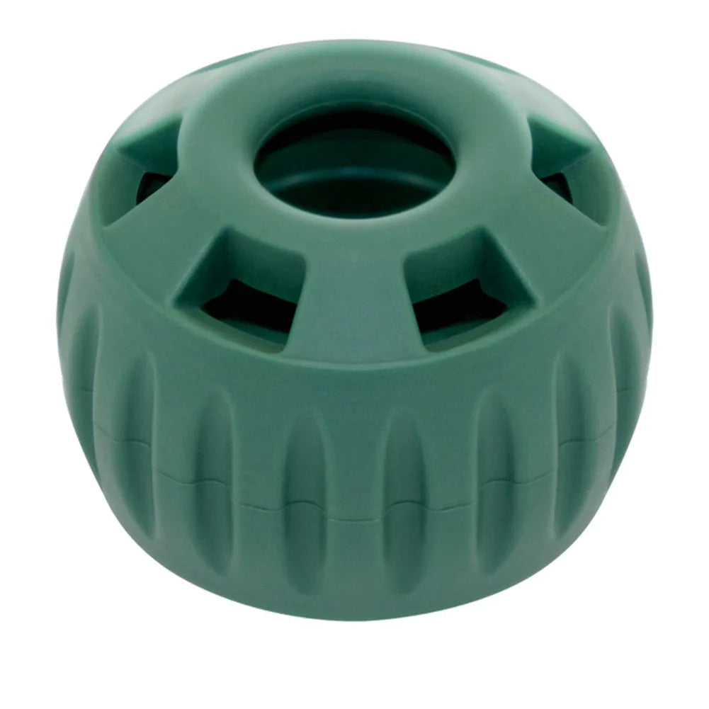Red silicone pet food puzzle bowl, slow feeder and chew toy combo for improved canine digestion.