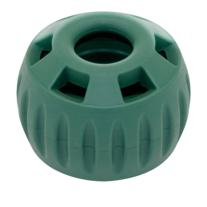 Red silicone pet food puzzle bowl, slow feeder and chew toy combo for improved canine digestion.