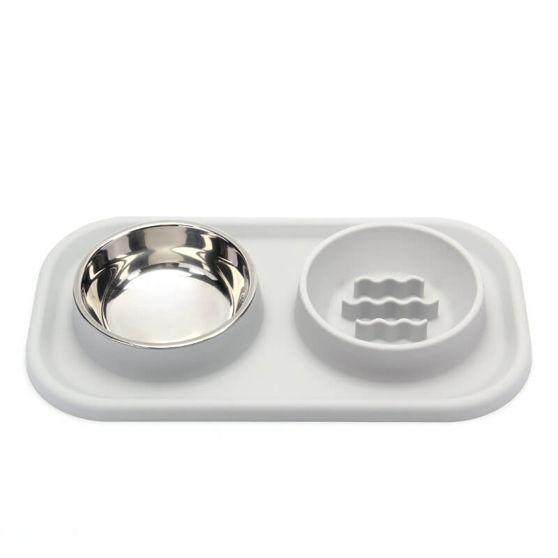 Grey silicone double pet bowl, designed as a slow feeder for dogs and cats, easy-to-clean and non-slip.
