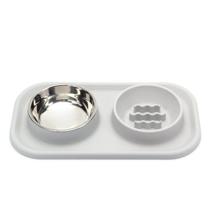 Grey silicone double pet bowl, designed as a slow feeder for dogs and cats, easy-to-clean and non-slip.