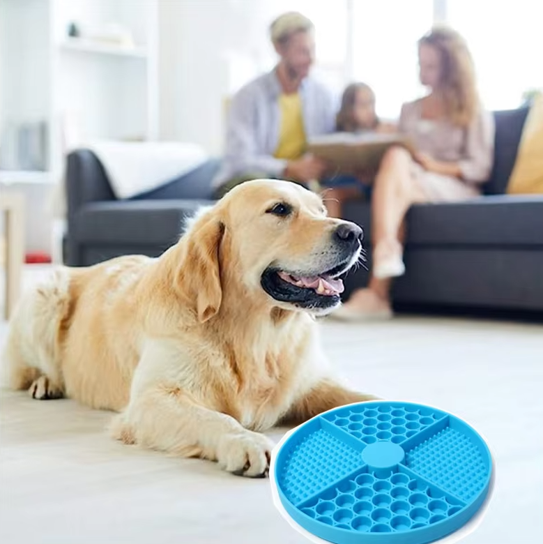 Blue silicone slow feeder dog mat, uniquely designed to slow pet eating, easy to clean.