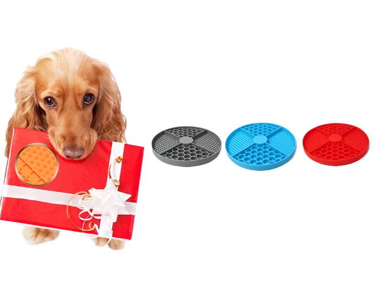 Gray silicone dog feeder mat, aids slow eating, suitable for all dog breeds, pet health supplies.