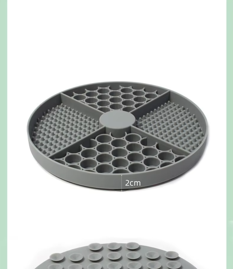 Flexible silicone slow feeder dog mat, non-slip base, ideal for wet or dry pet food.