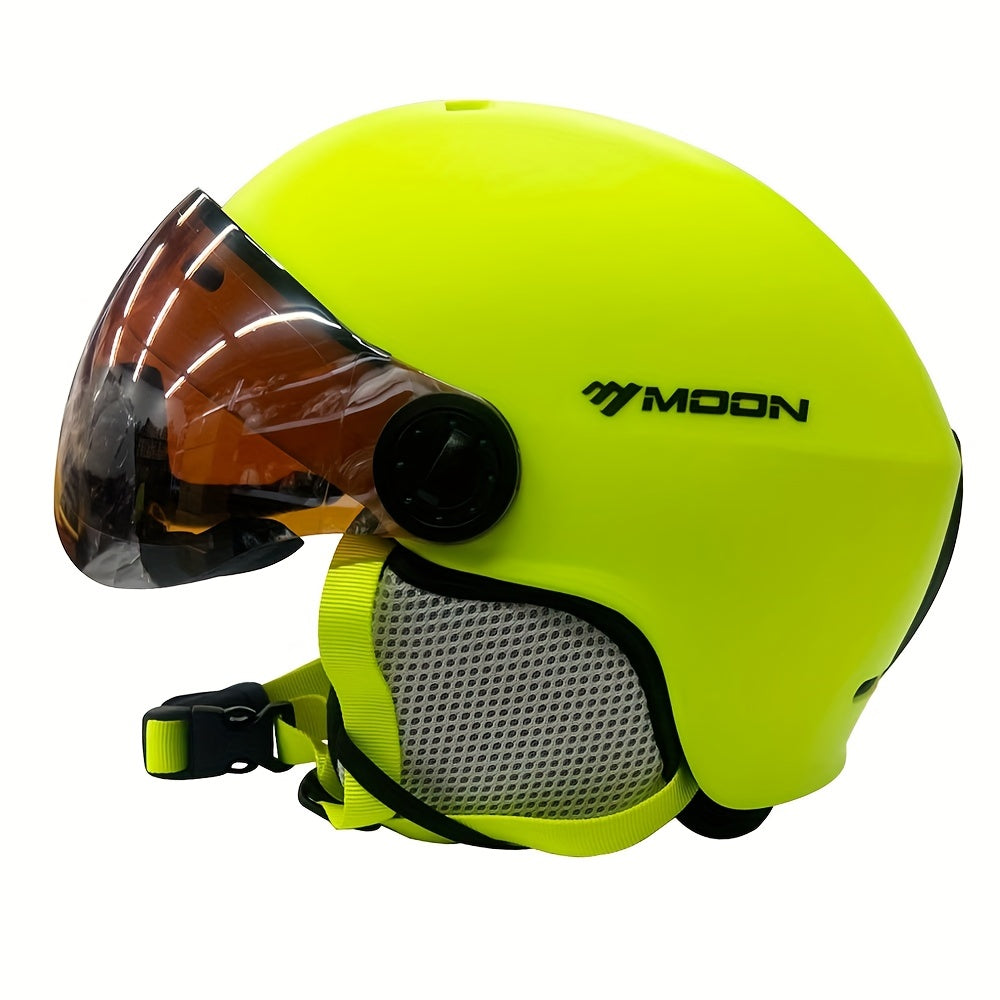White unisex ski helmet with adjustable fit, offering ultimate safety & comfort for snowboarding & skiing.