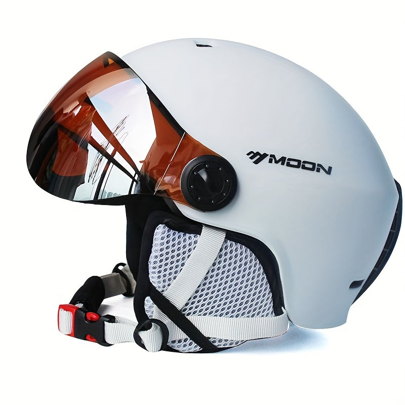 Side view of a black unisex ski helmet, protective gear for winter sports & outdoor activities.
