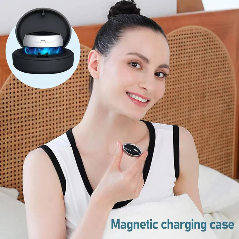 Unisex snore reduction device shown in use. Pulse vibration technology provides a comfortable sleep aid.