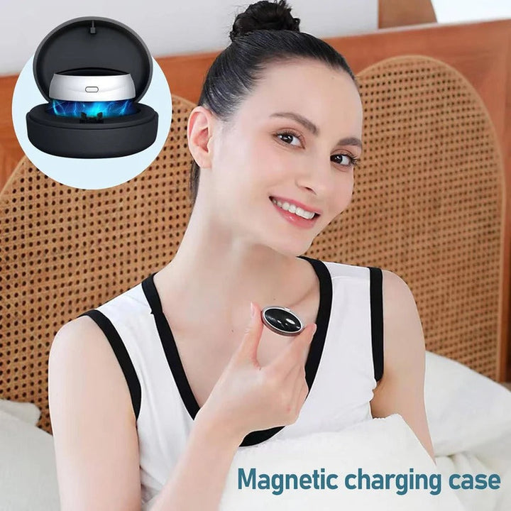 Unisex snore reduction device shown in use. Pulse vibration technology provides a comfortable sleep aid.