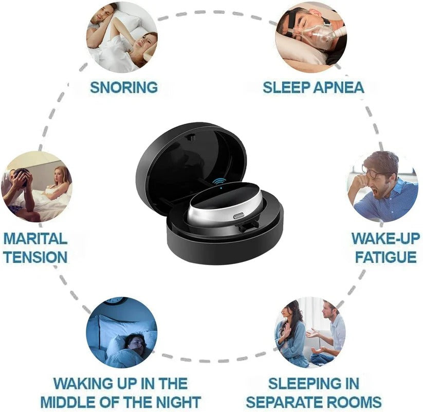 Innovative sleep aid device using pulse vibrations to reduce snoring, ensuring breathing support and comfortable sleep.
