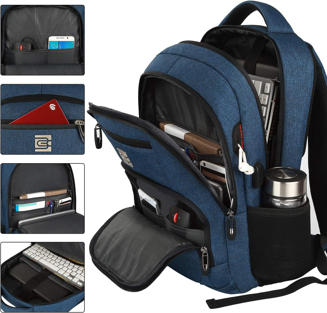 Organized anti-theft backpack, dedicated laptop sleeve, USB charging, for tech-savvy users.
