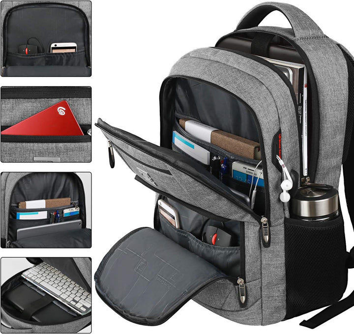 Anti-theft travel backpack, comfortable straps, USB port for power bank, durable construction.