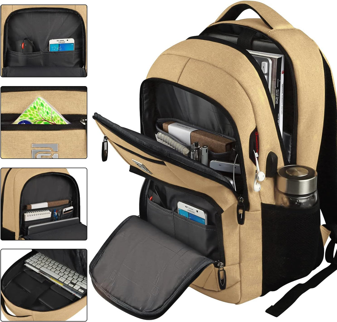 Slim anti-theft laptop bag, USB charging port, multiple compartments, ideal for organized carry.