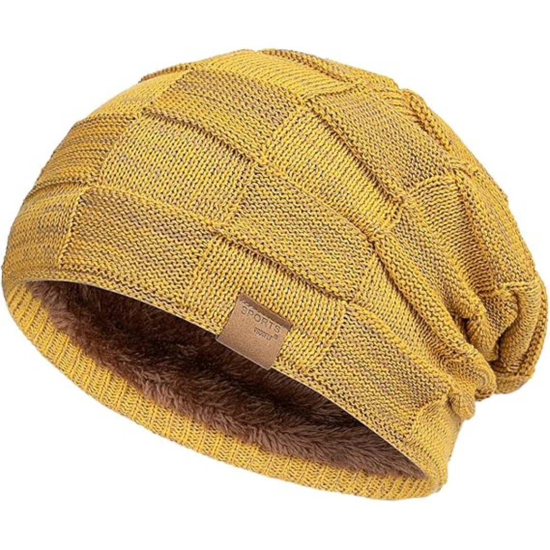 Warm slouchy winter beanie hat for outdoor activities. Unisex, cozy cold weather headwear.