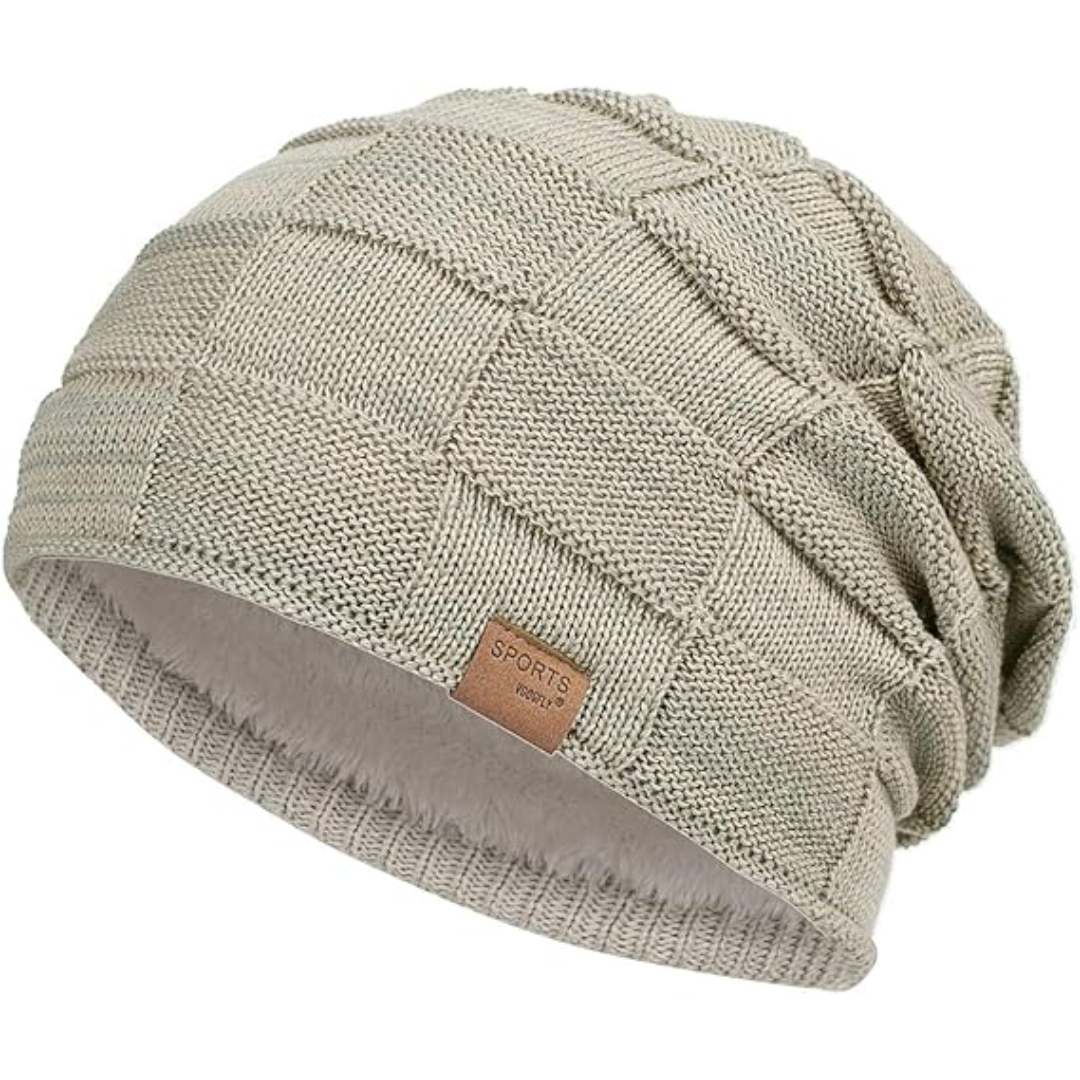 Trendy slouchy winter beanie hat. Unisex, warm headwear perfect for cold weather fashion.
