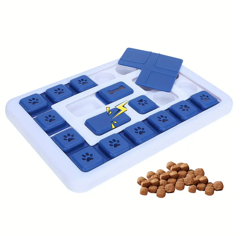 Unisex slow feeder dog bowl with blue puzzle design for improved digestion & mental stimulation