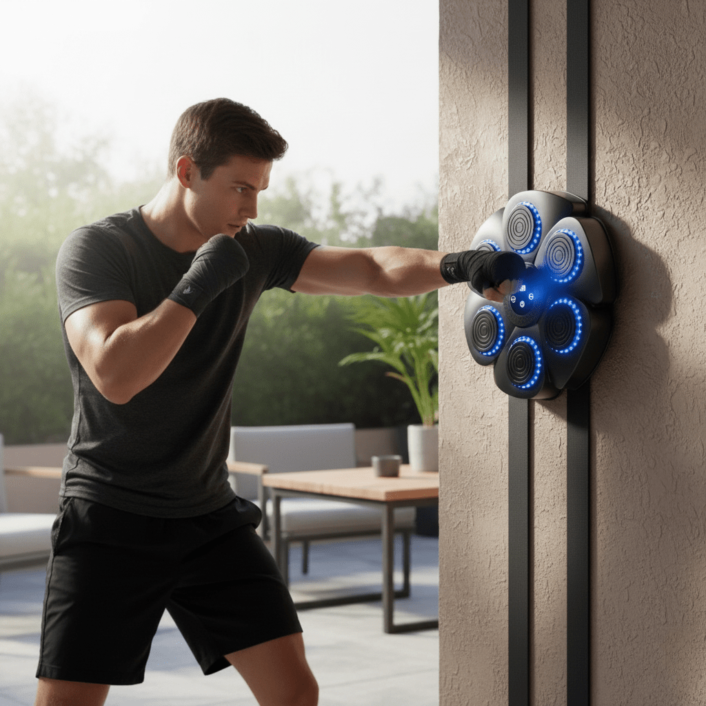 Interactive Smart Boxing Trainer for home gym, featuring Bluetooth audio & colorful RGB LED punch lights. Stress relief.