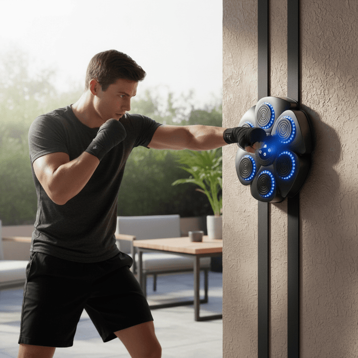 Interactive Smart Boxing Trainer for home gym, featuring Bluetooth audio & colorful RGB LED punch lights. Stress relief.