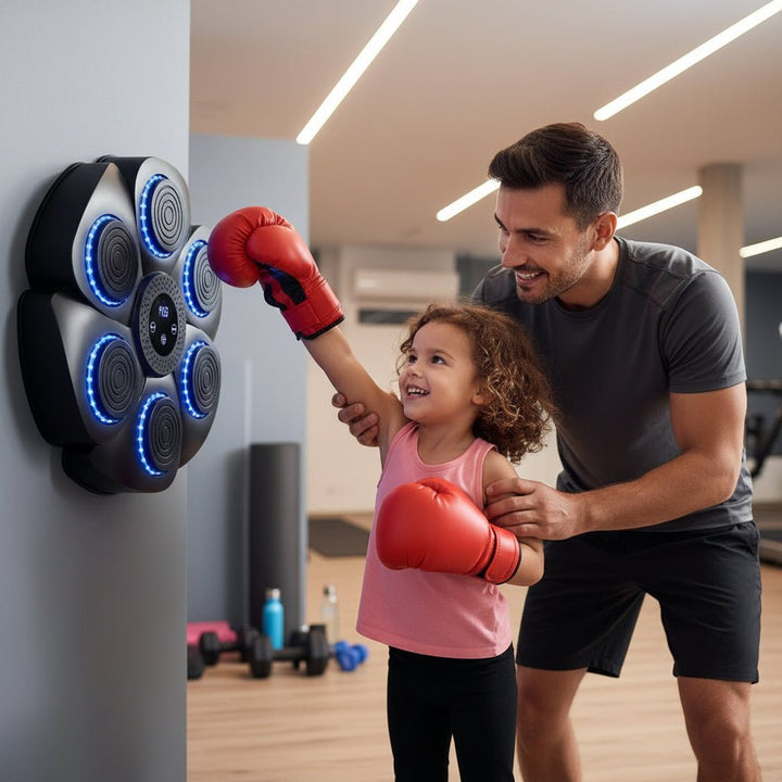Dynamic home boxing machine with Bluetooth music & RGB lights for fun parent-child fitness & stress relief workouts.
